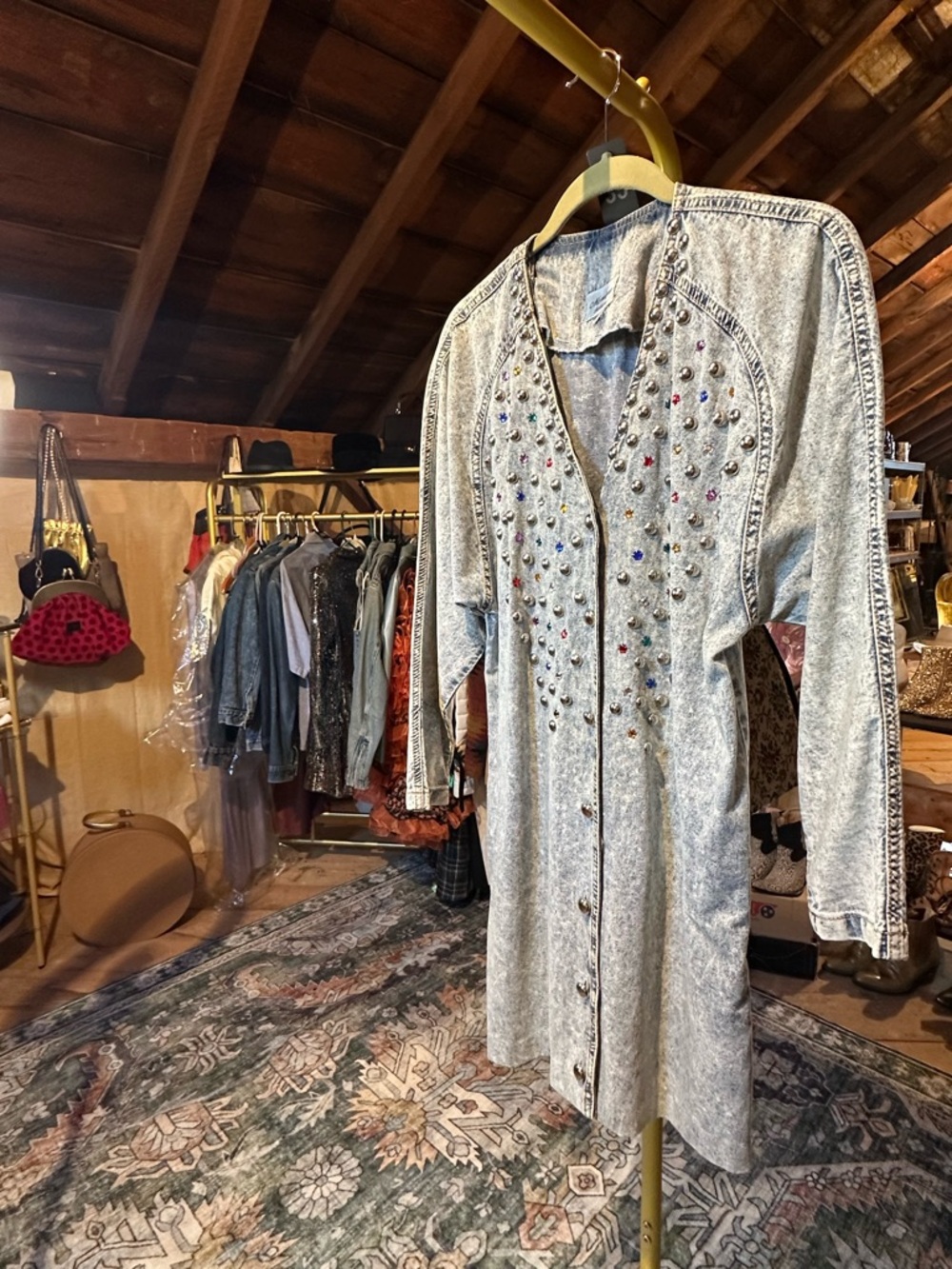 Embellished Acid Wash Denim Shirt Dress - Light Blue with Multicolored Gems